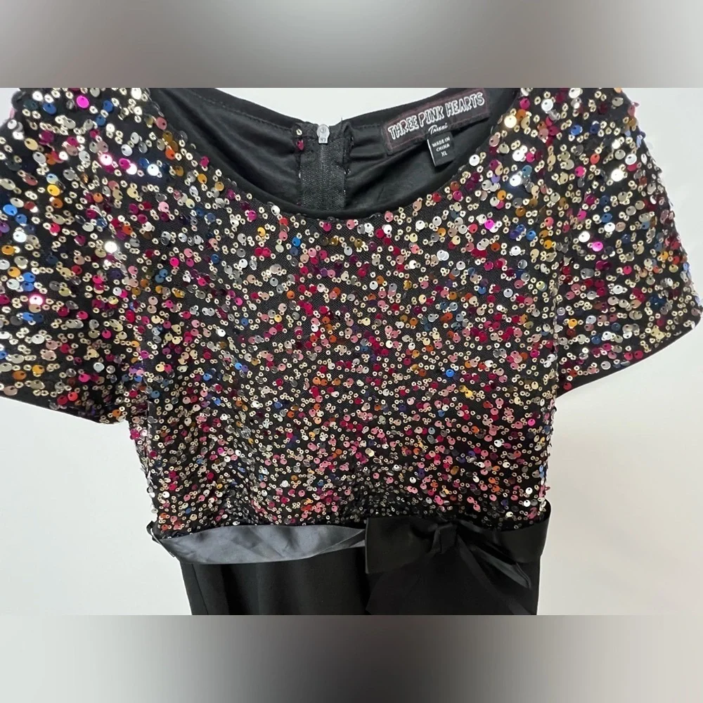 THREE PINK  HEARTS  BLACK W/MULTI-COLORED SEQUINS HOLIDAY OR PARTY DRESS.  XL